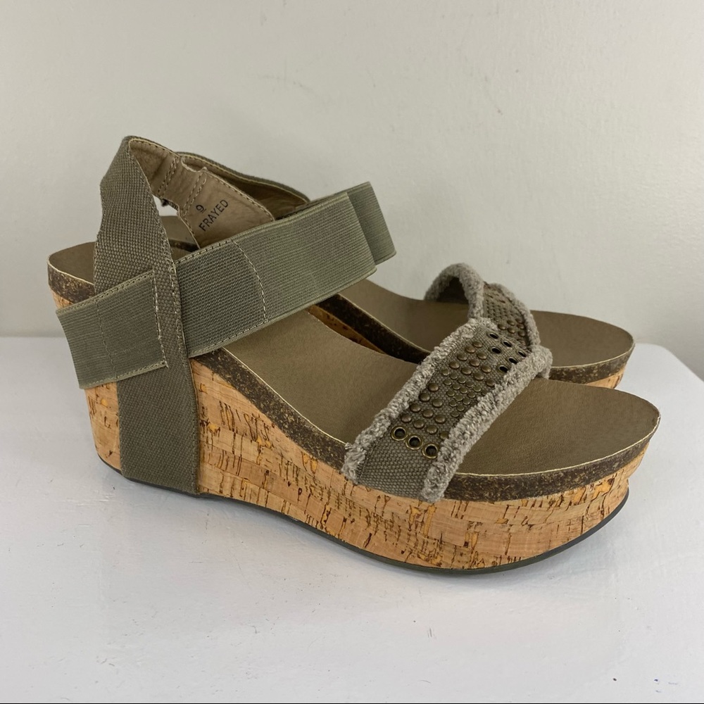 Corkys Womens Frayed Elastic Cork Wedge Heels